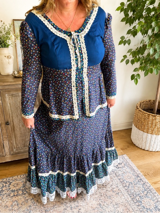 Vintage Dresses & Skirts - Vintage Handmade Prairie Maxi Dress Cottagecore Floral Lace Boho Folk Calico 70s